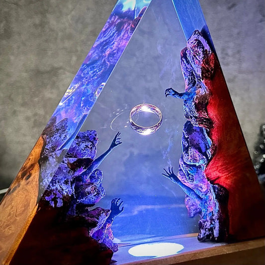 Wooden bedside lamp with epoxy resin coating.