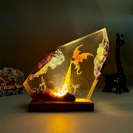Handmade epoxy resin fire dragon-shaped night lamp.