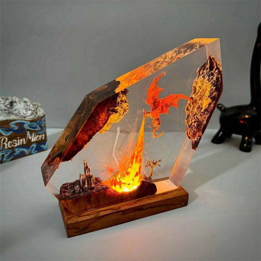 Handmade epoxy resin fire dragon-shaped night lamp.