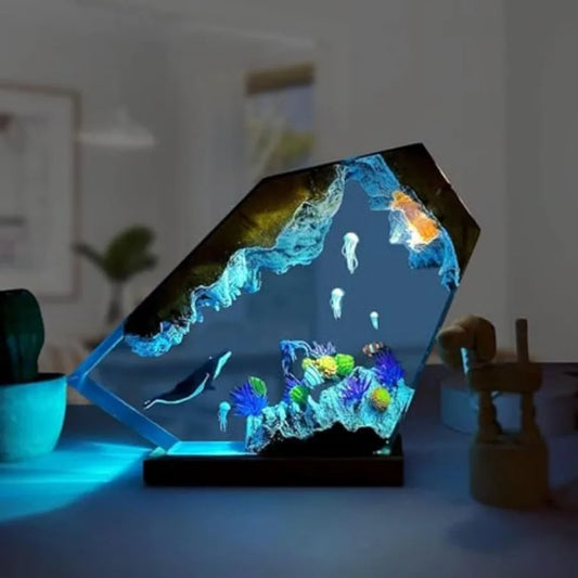 Creative epoxy wood reindeer-shaped LED night light with ocean theme.